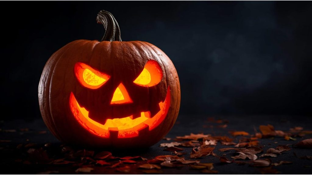 A glowing jack-o'-lantern sits on a dark porch, representing the 2025 guide to Halloween events in London, Ontario.