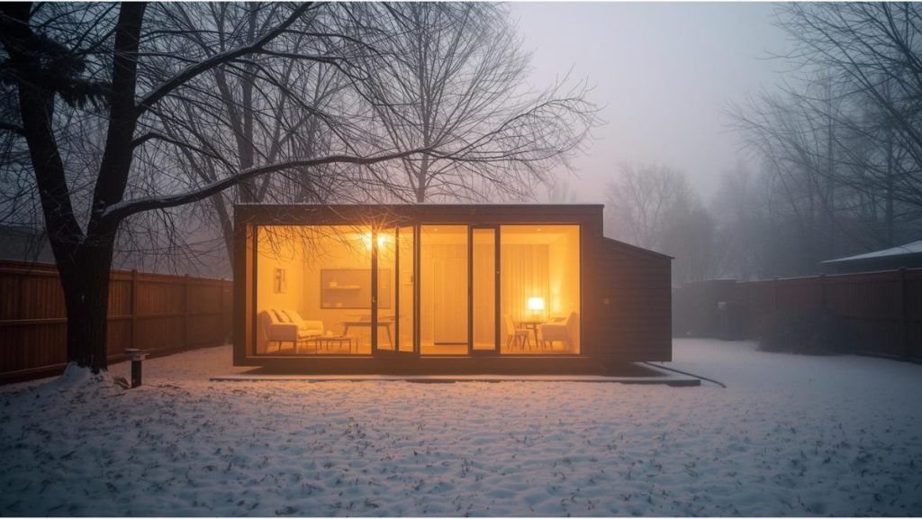 Modern backyard garden suite in London Ontario winter