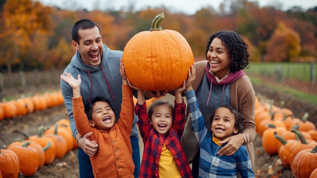 Family laughing in a bright pumpkin patch in London, Ontario while holding up their chosen pumpkin.